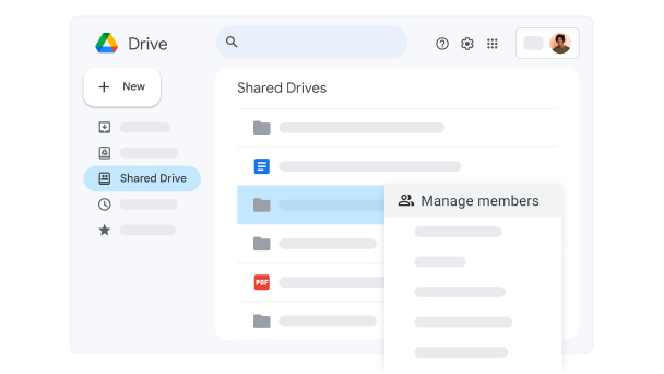 共有ドライブ ファイルで [Manage members] オプションが選択されている Google ドライブの UI。