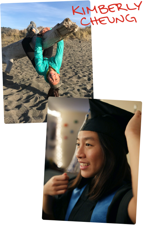 Kimberly en la playa subiéndose a un pedazo de madera. Kimberly con toga y birrete de graduación.