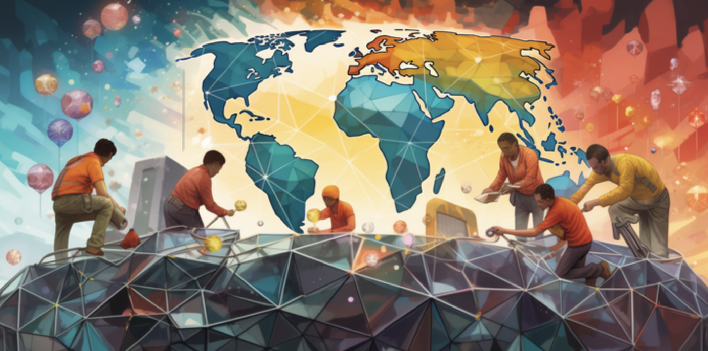 Illustration of people building protection for the world map