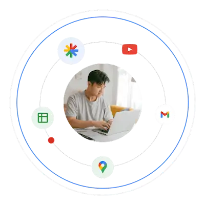 Um homem jovem a usar um portátil. Está rodeado por logótipos de produtos Google.