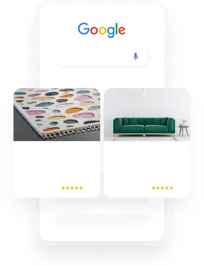 Exemplu de anunțuri pentru Cumpărături care prezintă un covor colorat și o canapea verde