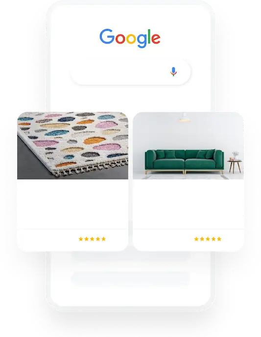 Ilustração de um telemóvel que mostra uma consulta de pesquisa Google relacionado com decoração de interiores que resulta em dois anúncios do Shopping relevantes.