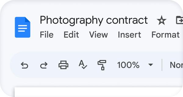 Documento de Google con el nombre “Photography contract” (Contrato de servicios fotográficos) 