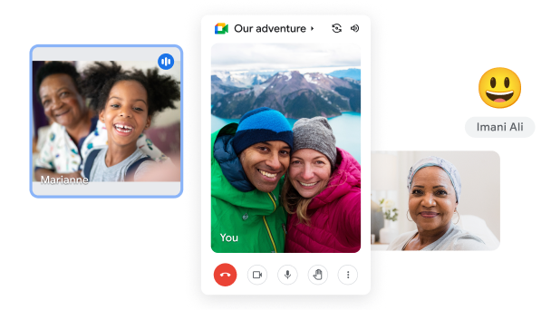 วิดีโอคอลของ Google Meet แสดงภาพคู่รักคู่หนึ่งอยู่ในสายสนทนากับคนอื่นๆ ท่ามกลางบรรยากาศภูเขาอันงดงาม 