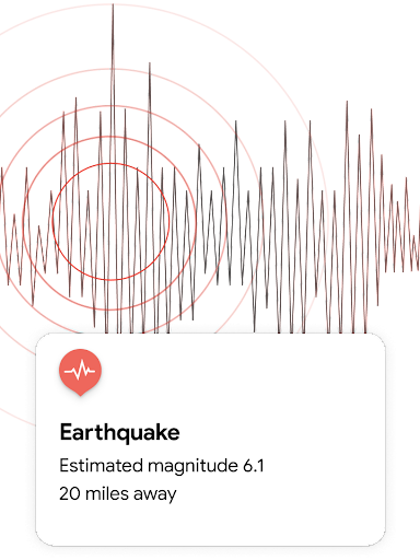 A line animates in, creating the peaks and valleys of a seismograph. An alert pops up that says "Earthquake. Estimated magnitude 6.1. 20 miles away." Several circles radiate out from the most activity to show the epicenter of the earthquake.