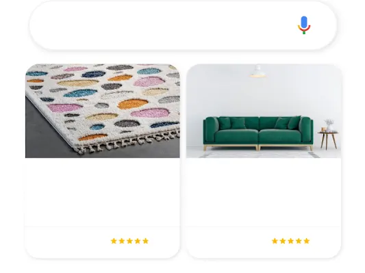 Telefoni illustratsioon näitab Google’i otsingupäringut „Kodukujundus“, mille tulemuseks on kaks asjakohast Shopping-reklaami.