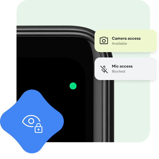 Gros plan de la partie supérieure droite d'un téléphone Android avec un point vert à proximité du coin de l'écran. Des superpositions graphiques montrent des messages qui indiquent que l'accès à l'appareil photo est disponible et que l'accès au micro est bloqué. Une icône représentant un œil accompagné d'un verrou est également affichée.