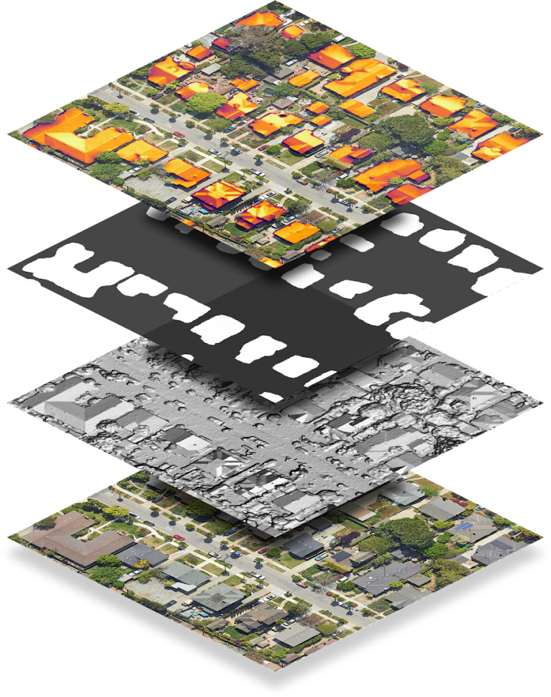 Imagery data from the Solar API Data Layers endpoint. From top to bottom: Flux map, building mask, digital surface model (DSM) and RGB (aerial photo)