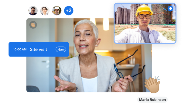 Ett Google Meet-videosamtal mellan en kvinna på ett kontor och en byggarbetare på byggarbetsplatsen.