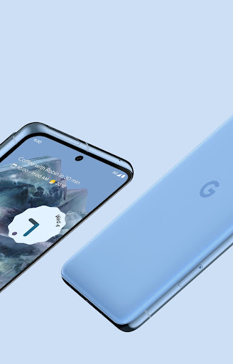 Two Pixel 8 Pros in Bay colour diagonally side by side. One is face up, showing off the aluminium frame and smooth screen. The other is face down, showing off the beautiful Bay colour and matt back glass.