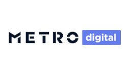 黒のテキスト「metro」と青いボックス内の白いテキスト「digital」