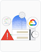 Logotipo de Google Cloud delante de un rascacielos con rascacielos animados