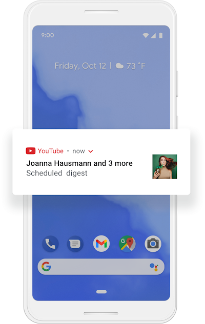 A Google phone screen showing bundled YouTube notifications for the user to see when they choose.
