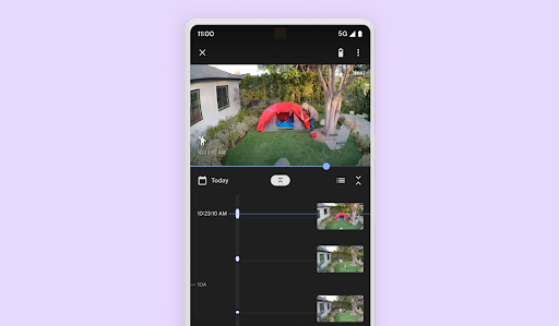 The Google Home app displays camera views from a mobile device.