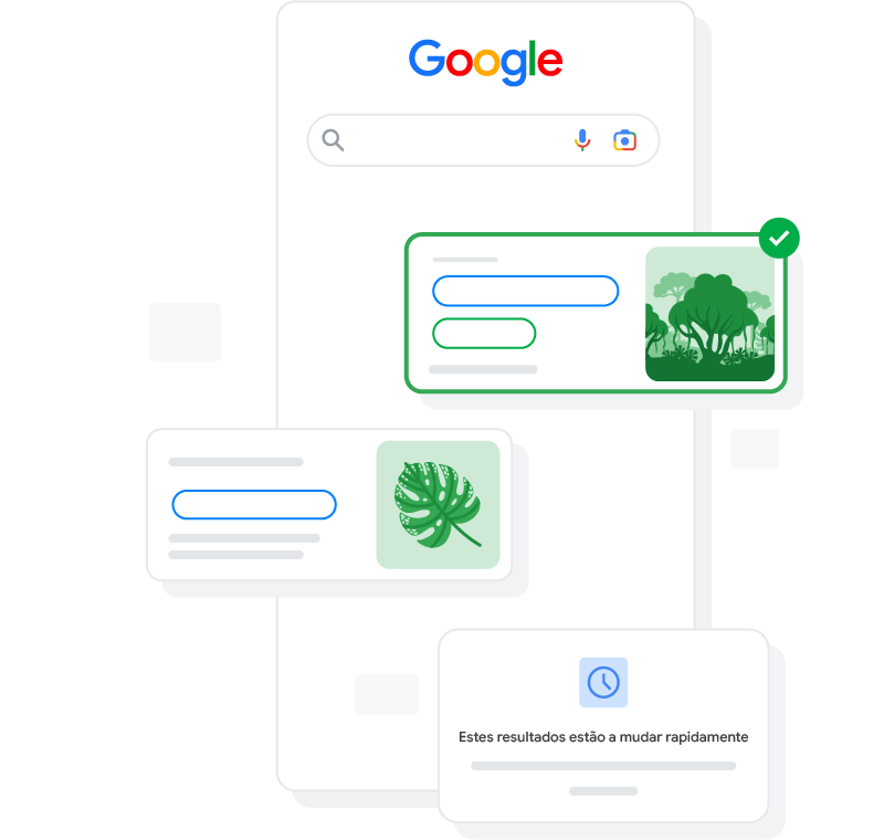 Uma Pesquisa Google com uma marca de verificação verde ao lado de uma imagem de uma floresta tropical, uma etiqueta altamente citada e uma mensagem que diz "estes resultados estão a mudar rapidamente"