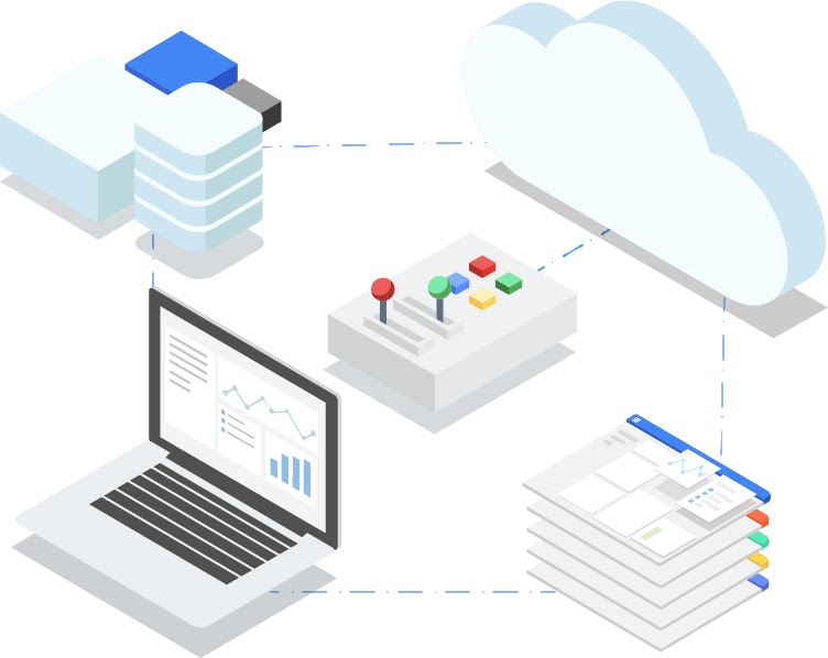 Ilustrasi yang menampilkan laptop, basis data, tumpukan halaman web, dan pengontrol game yang dihubungkan ke cloud.