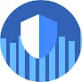 Ícone de círculo azul com escudo de segurança sobre um gráfico de barras