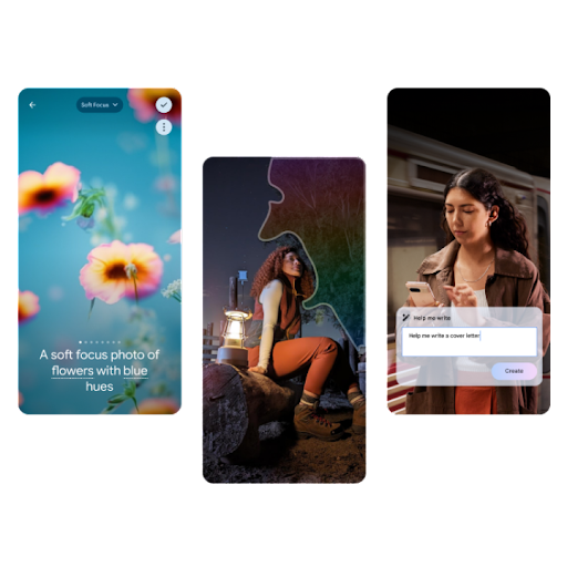 Three images depicting demos for Generative AI Wallpapers, Magic Editor and Duet AI. Generative AI Wallpapers creating an artistic, out-of-focus wallpaper of flowers, Magic Editor removing a tree from a photo, Duet AI shows a user asking Duet AI to help them write a cover letter.