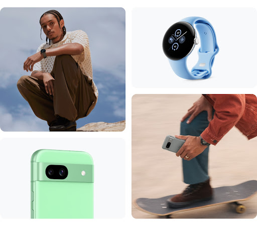 A collage of a person squatting while wearing Pixel Watch 2, a person skateboarding while wearing Pixel Watch 2 and holding Pixel 8, a close-up of Pixel 8a in Aloe color, and a close-up of Google Pixel Watch 2 in Bay color.