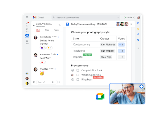 عملکرد گپ Gmail با مشارکت در سند و گپ ویدیویی در یک صفحه