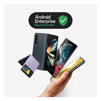 A group of newly released Android devices are displayed with the words 'Android Enterprise Recommended' displayed.