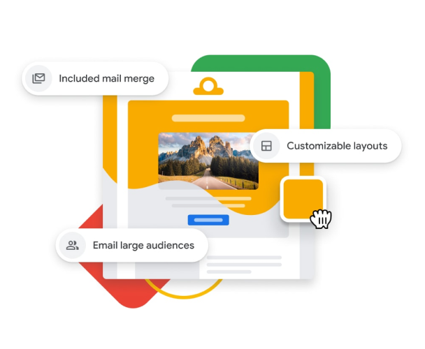 Abbildung einer personalisierten E‑Mail-Kampagne mit Drag-and-drop-Tools, der Funktion „Zusammenstellung von E‑Mail-Inhalten“ und der Möglichkeit, E‑Mails an ein großes Publikum zu senden 