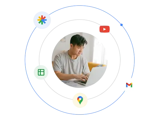 Moški, ki uporablja prenosnik, obdaja pa ga ilustriran ekosistem različnih oblik Googlovih oglasov