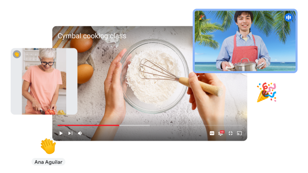 İki uzaktan katılımcı ile birlikte yemek pişiren bir kişinin yakın çekim videosunun yer aldığı Google Meet görüşmesi.