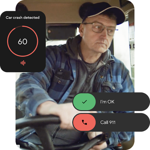 貨車司機坐在軚盤後方。相片左上方重疊著動畫圖像，顯示車禍偵測的通知及 60 秒倒數計時。相片右下方亦有使用者介面動畫圖像，列出「我沒有事」和「撥打 911」選項。