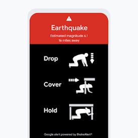 A mobile phone displays an example earthquake alert with visual instructions to drop, cover, and hold.