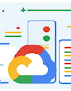 Google Cloud-Logo mit farbenfroher Darstellung eines Servers im Hintergrund.