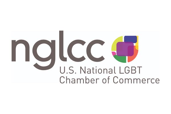 Logo for the U.S. National LGBT Chamber of Commerce in gray type with multi-colored brand mark on a white background