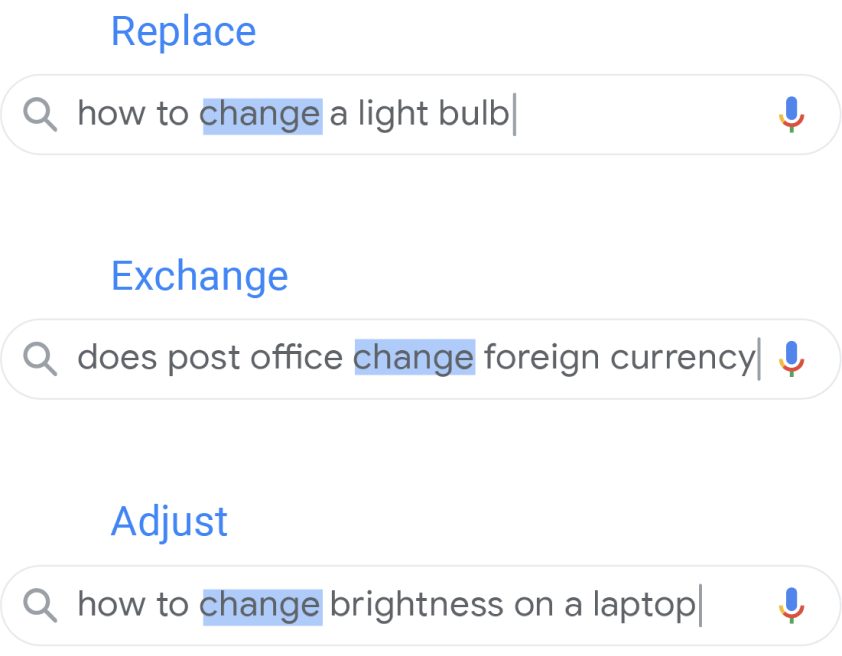 A query with 'how to change a light bulb' substituting 'change' with 'replace'