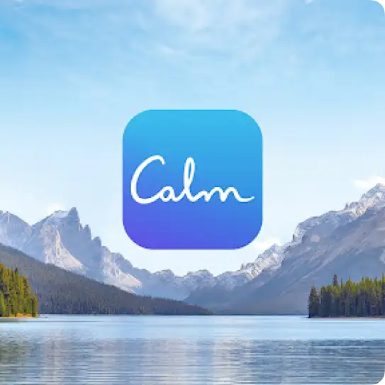 The Calm company logo floats amid a mountain landscape