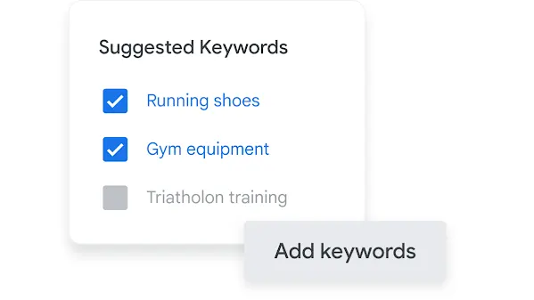 Example of suggested keywords: running shoes, gym equipment, triathlon training