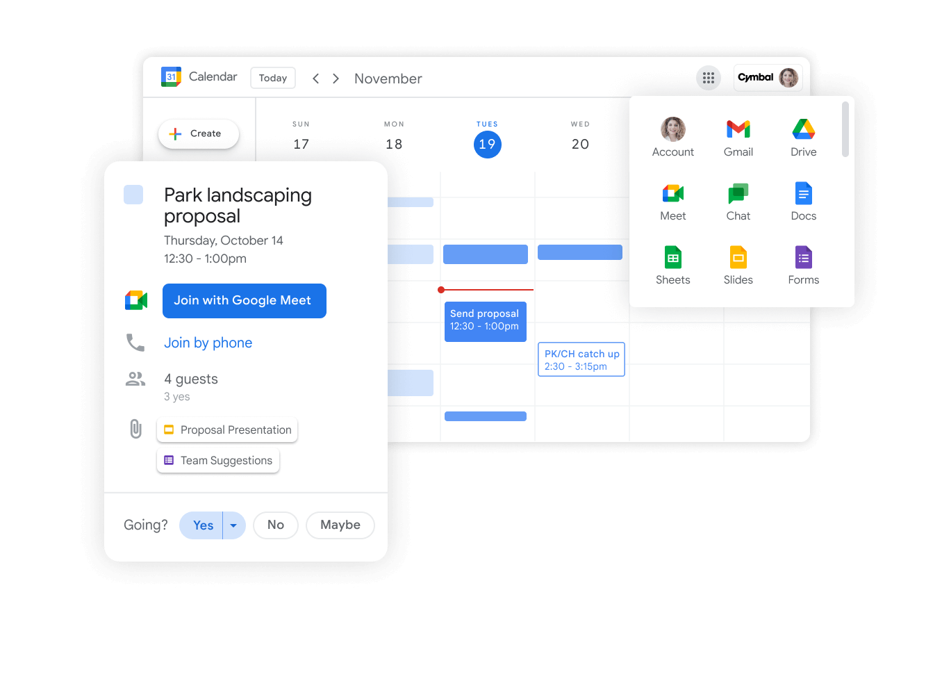 Afbeelding van Google Workspace-interface: agenda-uitnodigingen bewerken en andere apps