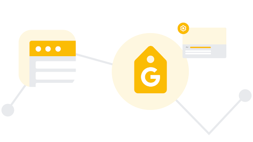 Illustrations show a sitewide tag, the Google Tag Manager, and a conversion being tracked.