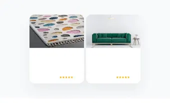 Două anunțuri pentru Cumpărături alăturate, unul pentru un covor, iar celălalt pentru o canapea
