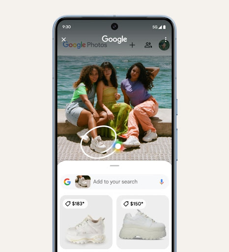 A circle has been drawn around a white shoe that a person is wearing. Google AI searches for the shoe that has been circled and pulls up search results for it.