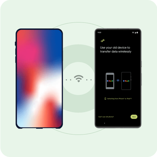 Un iPhone y un teléfono Android nuevo situados en paralelo con el símbolo de Wi-Fi entre ellos. Aparecen dos puntos entre el símbolo de Wi-Fi y los teléfonos para representar la transferencia de datos inalámbrica.