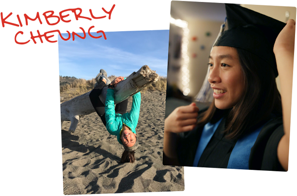 Kimberly en la playa subiéndose a un pedazo de madera. Kimberly con toga y birrete de graduación.