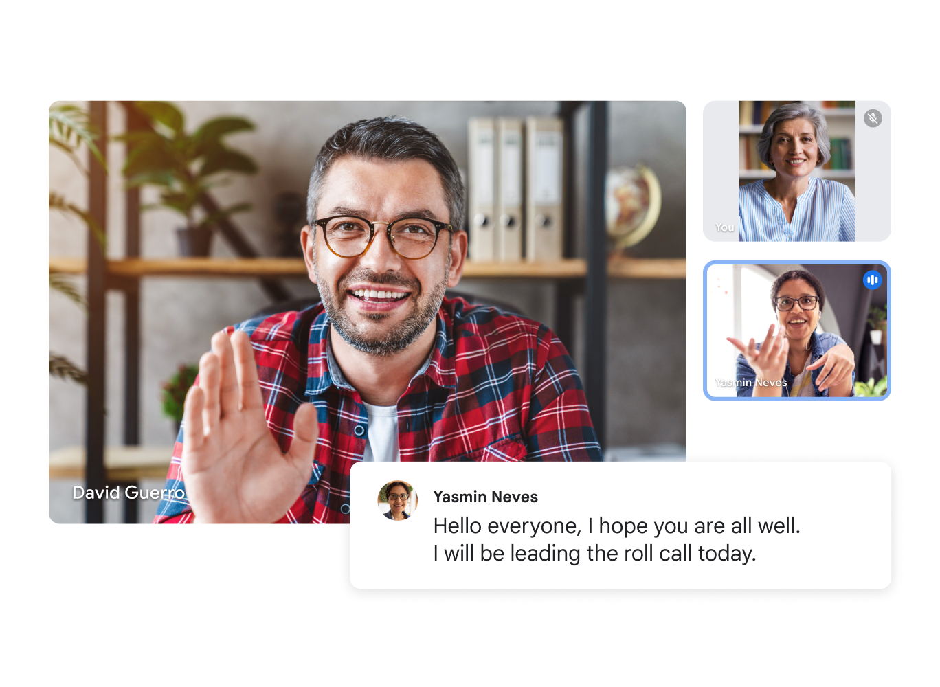 Google Meet-videosamtal som visar tre användare med en livetranskription med texten ”Hej allesammans, jag hoppas att ni har det bra. Jag leder genomgången i dag.” 
