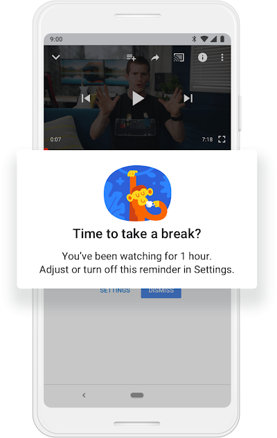 A Google phone screen with the question "Time to take a break? You've been watching for 1 hour."