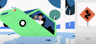 Vignette d'une vidéo d'animation montrant un homme coincé dans une voiture en train de tomber à l'eau.