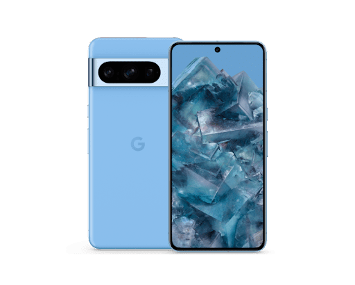 The front and back of Pixel 8 Pro in Bay. The front display shows a blue mineral.