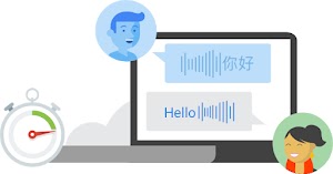 计算机显示器中同时显示男性和女性通过语音转录方式交谈的概念图，显示器左侧有秒表