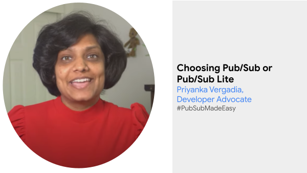 Priyanka Vergadia, mediadora de desenvolvedores, explicando o Pub/Sub e o Pub/Sub Lite