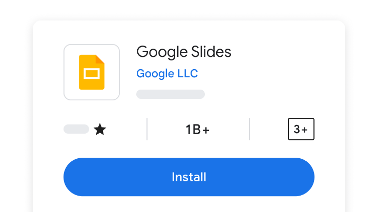 Forgrunnsvindu som viser Google Presentasjoner-appen, med en blå installeringsknapp («Install») nedenfor vinduet.