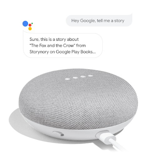 Hình ảnh chiếc loa Google Home có ô lời thoại: Ai đó nói: "Ok Google, kể chuyện cho tôi nghe nhé." Trợ lý Google trả lời: "Được chứ. Đây là câu chuyện về "Con cáo và con quạ" của Storynory trên Google Play Sách..."