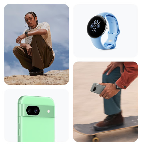 A collage of a person squatting while wearing Pixel Watch 2, a person skateboarding while wearing Pixel Watch 2 and holding Pixel 8, a close-up of Pixel 8a in Aloe color, and a close-up of Google Pixel Watch 2 in Bay color.